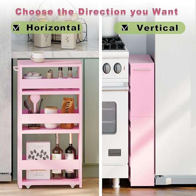 TEAMIX 4 Tier Slim Storage Cart with Handle, Pink Laundry Room Cart Between Washer and Dryer Rolling Narrow Kitchen Cart for Small Spaces (Pink, 5-1/2'' W) - LeafyLoom