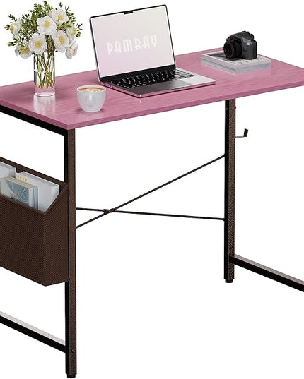 Pamray 32 Inch Computer Desk Small Spaces Desk with Storage Bag for Bedroom Writing and Home Office Work Small Study Desk Table Pink - LeafyLoom