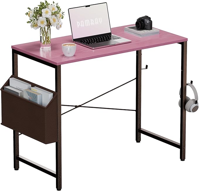 Pamray 32 Inch Computer Desk Small Spaces Desk with Storage Bag for Bedroom Writing and Home Office Work Small Study Desk Table Pink - LeafyLoom