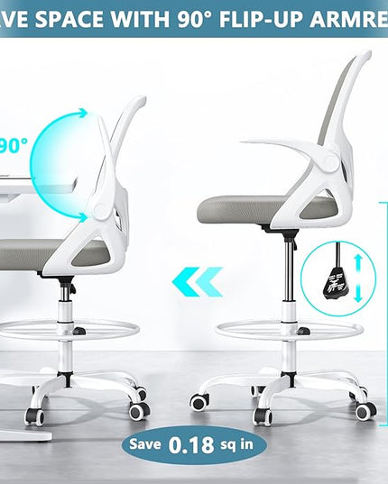 Drafting Chair Tall Office Chair for Standing Desk Adjustable Tall Desk Chair with Footrest Ring and Lumbar Support Ergonomic Computer Chair with Flip-up Armrests (Grey) - LeafyLoom