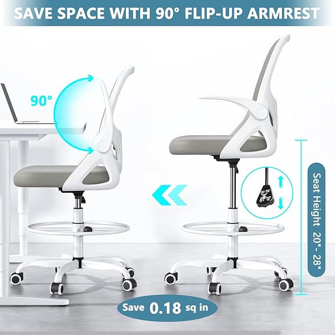 Drafting Chair Tall Office Chair for Standing Desk Adjustable Tall Desk Chair with Footrest Ring and Lumbar Support Ergonomic Computer Chair with Flip-up Armrests (Grey) - LeafyLoom