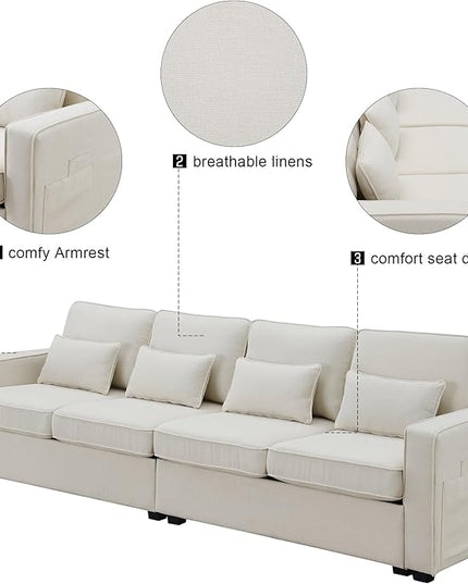 104" Modern Sofa, 4-seat Couch with Armrest Pockets and 4 Pillows for Living Room, Apartment, 104inch, Beige - LeafyLoom