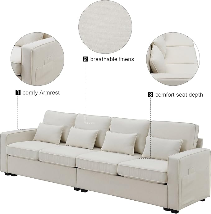 104" Modern Sofa, 4-seat Couch with Armrest Pockets and 4 Pillows for Living Room, Apartment, 104inch, Beige - LeafyLoom