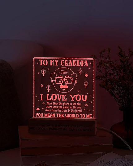Grandpa Gifts from Grandchildren, to My Grandpa Night Light, Fathers Day Birthday Christmas Gifts for Grandfather, Lamp with Wooden Base for Men, Gifts Bedroom Décor - LeafyLoom