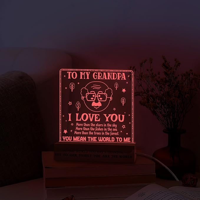 Grandpa Gifts from Grandchildren, to My Grandpa Night Light, Fathers Day Birthday Christmas Gifts for Grandfather, Lamp with Wooden Base for Men, Gifts Bedroom Décor - LeafyLoom