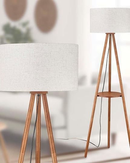 Wood Tripod Floor Lamp with Shelves,Linen Shade Boho Wooden Floor lamp for Living Room, with Three Color temparature Bulb Included,footswitch,ETL Listed/Brown Wood Color - LeafyLoom