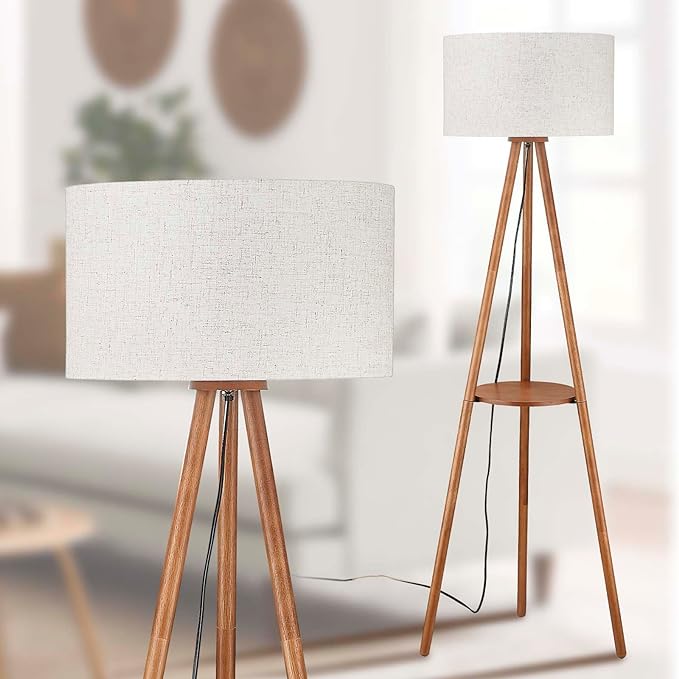 Wood Tripod Floor Lamp with Shelves,Linen Shade Boho Wooden Floor lamp for Living Room, with Three Color temparature Bulb Included,footswitch,ETL Listed/Brown Wood Color - LeafyLoom