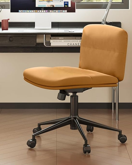 FLEXISPOT Cross Legged Office Chair for Vanity Desk Criss Cross Chair with Wheels Armless Office Chair Vanity Chair Comfy Wide Seat Cushion PU Leather(Brown) - LeafyLoom