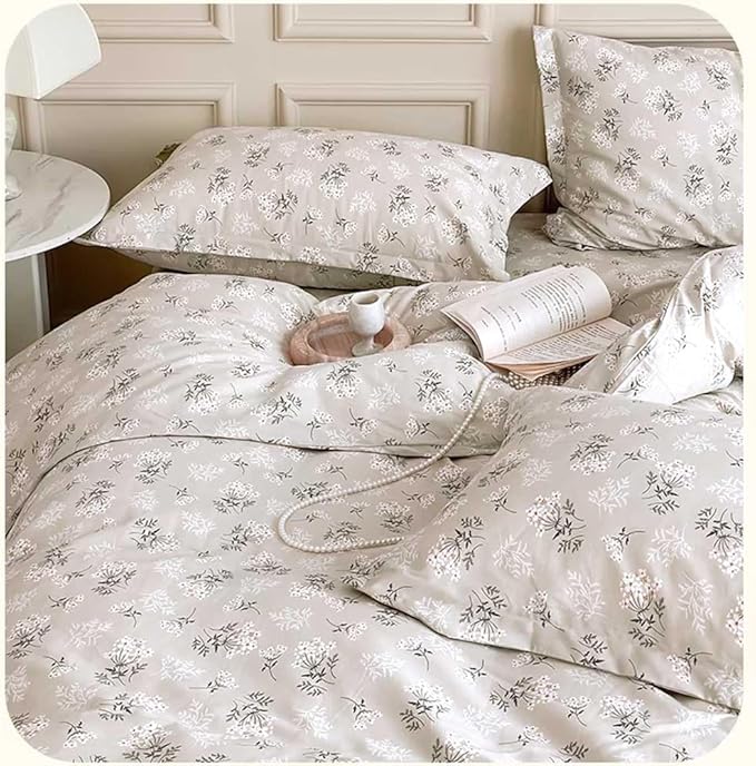 Nanko Beige Floral Comforter Set King Size 3 Pcs, Cream Tan Flower Print Pattern Soft Microfiber Down Alternative Duvet Insert, Farmhouse Bedding Sets Bed in a Bag for Women Men, 104 x 90 inch - LeafyLoom