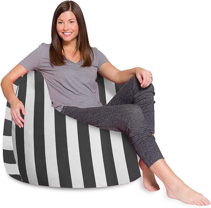 Posh Creations Bean Bag Chair for Kids, Teens, and Adults Includes Removable and Machine Washable Cover, Canvas Stripes Gray and White, 48in - X-Large - LeafyLoom