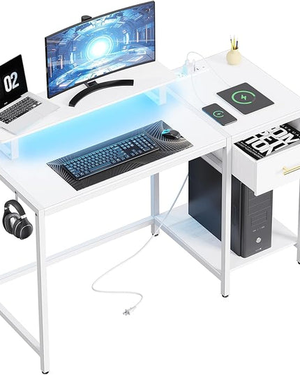 White Computer Desk with Drawer and Power Outlets, 47" Office Desk with Monitor Stand and Sheleves,Writing Study Gaming Desks with Led Light and Headphone Hook for Bedroom - LeafyLoom