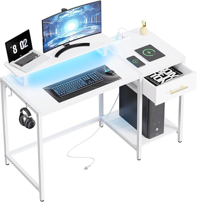 White Computer Desk with Drawer and Power Outlets, 47" Office Desk with Monitor Stand and Sheleves,Writing Study Gaming Desks with Led Light and Headphone Hook for Bedroom - LeafyLoom