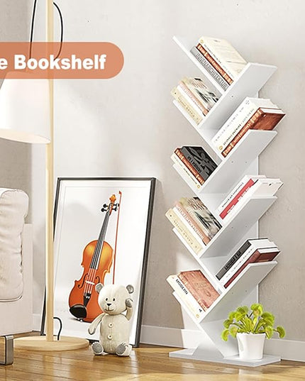 Function Home 9 Tier Tree Bookshelf, Modern Tall Geometric Bookcase, Freestanding Book Shelf, Wood Floor Storage Shelf for Living Room, Bedroom, Home Office,White - LeafyLoom