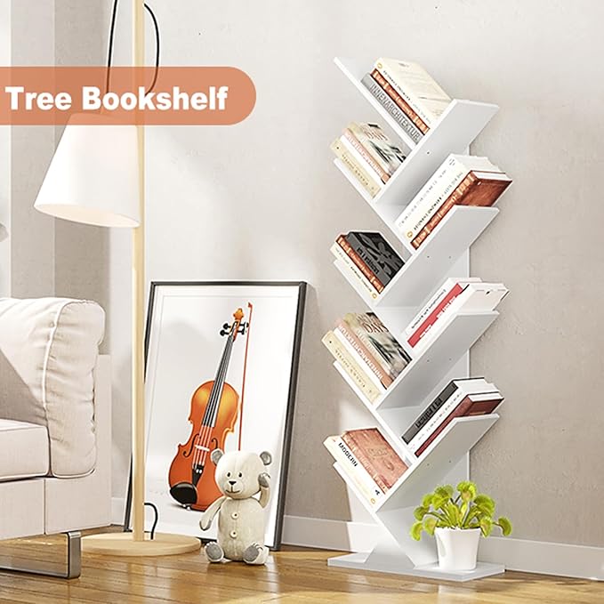 Function Home 9 Tier Tree Bookshelf, Modern Tall Geometric Bookcase, Freestanding Book Shelf, Wood Floor Storage Shelf for Living Room, Bedroom, Home Office,White - LeafyLoom