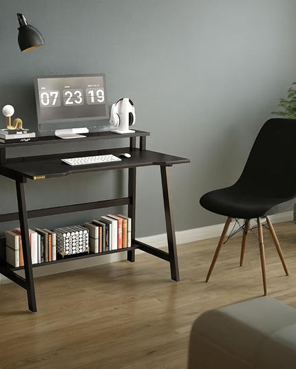 Small Computer Desk for Small Spaces - 33.5" Inch Modern Writing Table with Monitor Storage Shelf for Home Office and Study, Compact Laptop Desk in Simple and Sleek Style - LeafyLoom