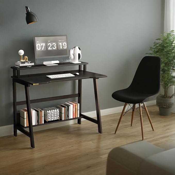 Small Computer Desk for Small Spaces - 33.5" Inch Modern Writing Table with Monitor Storage Shelf for Home Office and Study, Compact Laptop Desk in Simple and Sleek Style - LeafyLoom