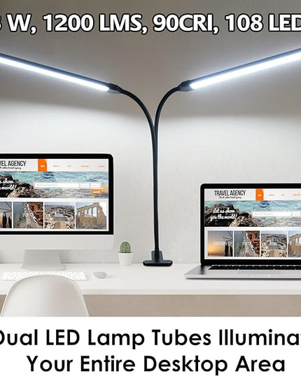 Desk Lamp, Clamp on Lamp with 2 LED Tubes, 13W, 1200 Lms, 3 Color Modes, 10 Brightness Levels, 18.5 Inches Flexible Gooseneck LED Clip Book Light for Reading, Working (Adapter Included) - LeafyLoom