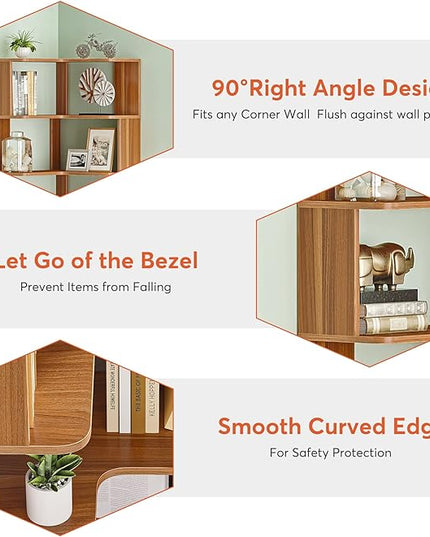 6-Shelf Corner Bookshelf, 65” Tall L Shaped Bookcase, 6-Tier Industrial Corner Shelf Storage Display Rack for Living Room Home Office, Wood Grain Walnut - LeafyLoom