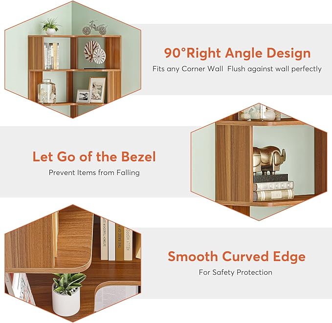 6-Shelf Corner Bookshelf, 65” Tall L Shaped Bookcase, 6-Tier Industrial Corner Shelf Storage Display Rack for Living Room Home Office, Wood Grain Walnut - LeafyLoom