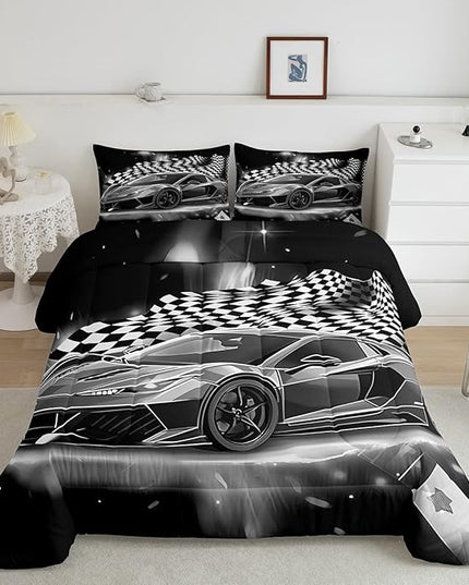 Feelyou Racing Car Comforter Set, Cool Speed Race Car Down Comforter King for Kids Boys Girls Teens Bedroom, Automobile Extreme Sport Bedding Set Plaid Checkered Duvet Sets with 2 Pillowcases,Grey - LeafyLoom