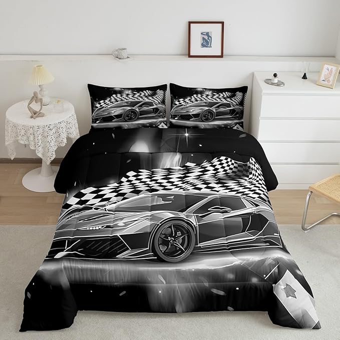 Feelyou Racing Car Comforter Set, Cool Speed Race Car Down Comforter King for Kids Boys Girls Teens Bedroom, Automobile Extreme Sport Bedding Set Plaid Checkered Duvet Sets with 2 Pillowcases,Grey - LeafyLoom