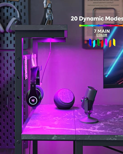 Bestier Gaming Desk with LED Lights, Computer Desk with 4 Tiers Reversible Shelves, 51.3 Inch Gamer Desk with Side Storage Bag, Hooks and Height Adjustable Shelf (Black Marble) - LeafyLoom