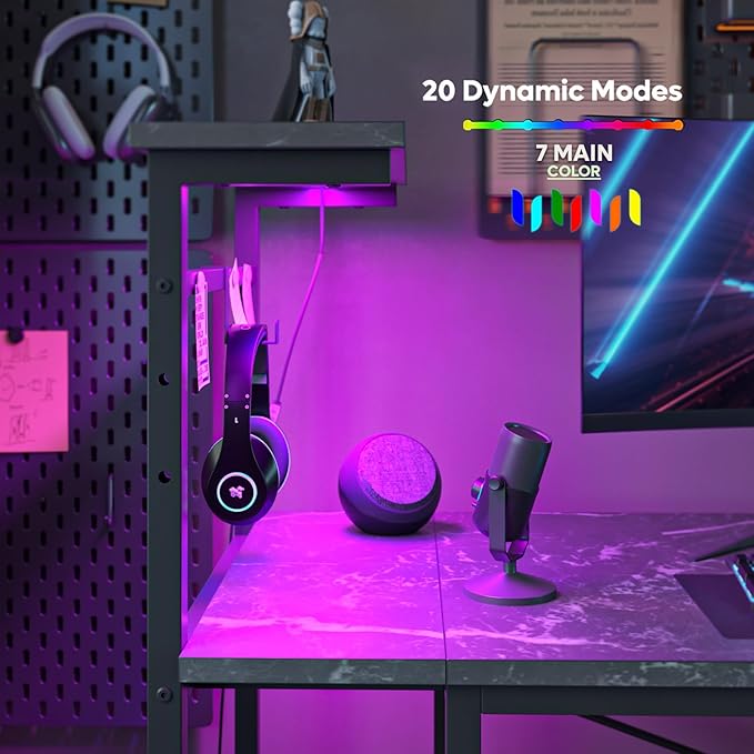 Bestier Gaming Desk with LED Lights, Computer Desk with 4 Tiers Reversible Shelves, 51.3 Inch Gamer Desk with Side Storage Bag, Hooks and Height Adjustable Shelf (Black Marble) - LeafyLoom