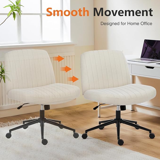 Sweetcrispy Criss Cross Office Chair with Wheels, Wide Armless Home Office Desk Chair with Dual-Purpose Base, Swivel Adjustable Fabric Task Vanity Computer Chair, Beige - LeafyLoom