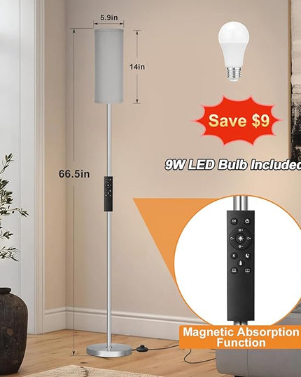 Ambimall Floor Lamps for Living Room, Modern Silver Floor Lamp with Remote Control and Stepless Dimmable Colors Temperature & Brightness (9W Bulb Included, Grey Lampshade) - LeafyLoom