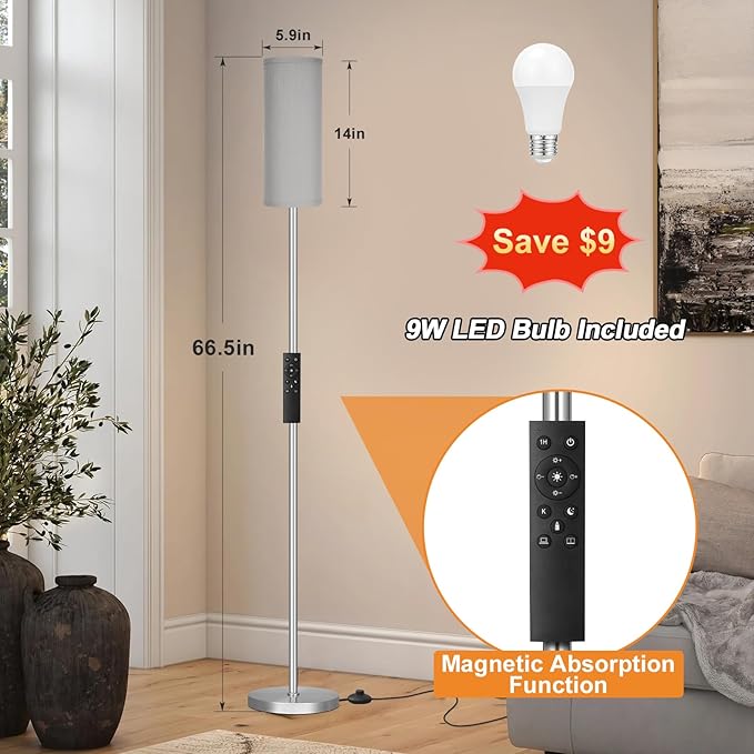 Ambimall Floor Lamps for Living Room, Modern Silver Floor Lamp with Remote Control and Stepless Dimmable Colors Temperature & Brightness (9W Bulb Included, Grey Lampshade) - LeafyLoom