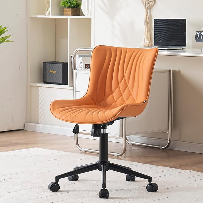 YOUNIKE Office Chair, Armless Desk Chair with Wheels, Home Office Computer Task Chairs, Modern Faux Leather Upholstered Vanity Chair, Adjustable Swivel Office Chairs with Back, Burnt Orange - LeafyLoom