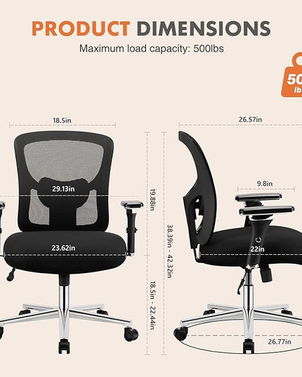 Sweetcrispy Big and Tall Office Desk Chair with Lumbar Support, 500lbs Heavy Duty Mesh Ergonomic Computer Chair with Arm and Wide Comfy Seat, Wheels for Adult - LeafyLoom