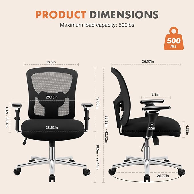 Sweetcrispy Big and Tall Office Desk Chair with Lumbar Support, 500lbs Heavy Duty Mesh Ergonomic Computer Chair with Arm and Wide Comfy Seat, Wheels for Adult - LeafyLoom