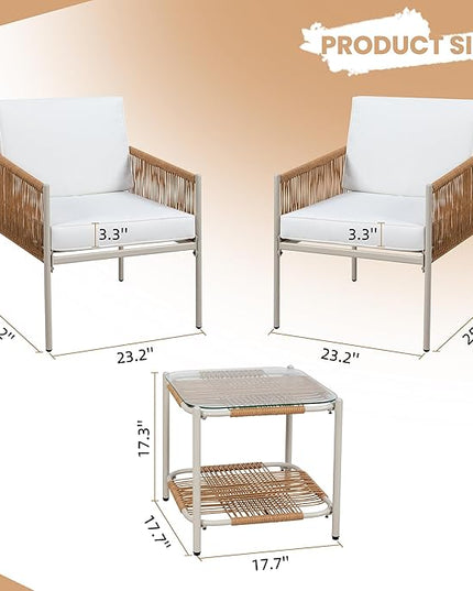 Shintenchi 3 Piece Wicker Patio Furniture Set, Outdoor Furniture Rattan Conversation Set with Two Single Chairs and Coffee Table for Backyard, Balcony, Poolside - LeafyLoom