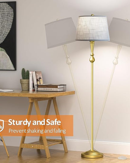 Gold Floor Lamp for Living Room with 3 Color Temperatures, Elegant Vintage Standing Lamp with Grey Linen Lampshade, Modern Floor Lamp for Bedroom, Office, 9W LED Bulb Included, Foot Switch - LeafyLoom