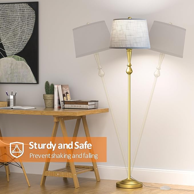 Gold Floor Lamp for Living Room with 3 Color Temperatures, Elegant Vintage Standing Lamp with Grey Linen Lampshade, Modern Floor Lamp for Bedroom, Office, 9W LED Bulb Included, Foot Switch - LeafyLoom
