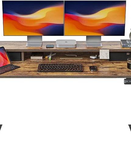 FEZIBO 55 x 24 Inch Height Adjustable Electric Standing Desk with Double Drawer, Stand Up Desk with Storage Shelf, Sit Stand Desk, Rustic Brown - LeafyLoom