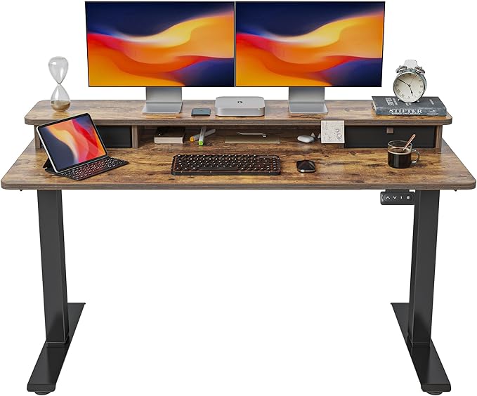 FEZIBO 55 x 24 Inch Height Adjustable Electric Standing Desk with Double Drawer, Stand Up Desk with Storage Shelf, Sit Stand Desk, Rustic Brown - LeafyLoom