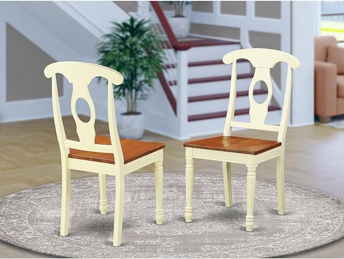 East West Furniture KEC-WHI-W Kenley Kitchen Dining Chairs - Napoleon Back Wood Seat Chairs, Set of 2, Buttermilk & Cherry - LeafyLoom
