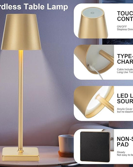 2 Pack Cordless Table Lamp Rechargeable LED Desk Lamp 5200mAh Aluminum Shell Battery Lamps Stepless Dimmable Portable Table Lights for Dinner/Restaurant/Outdoor IP54 Waterproof Gold - LeafyLoom