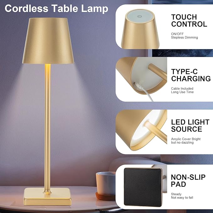 2 Pack Cordless Table Lamp Rechargeable LED Desk Lamp 5200mAh Aluminum Shell Battery Lamps Stepless Dimmable Portable Table Lights for Dinner/Restaurant/Outdoor IP54 Waterproof Gold - LeafyLoom