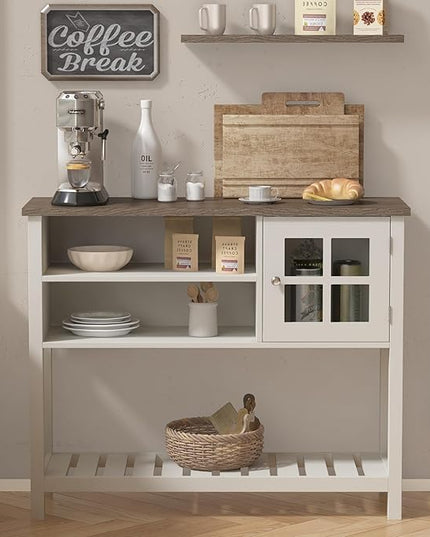ChooChoo Farmhouse Coffee Bar Cabinet, Buffet Cabinet with Storage, Sideboard Buffet Cabinet with Glass Door, Console Table for Kitchen, Hallway, Entrance, White - LeafyLoom