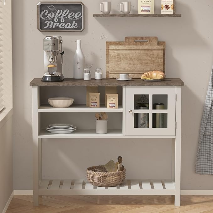 ChooChoo Farmhouse Coffee Bar Cabinet, Buffet Cabinet with Storage, Sideboard Buffet Cabinet with Glass Door, Console Table for Kitchen, Hallway, Entrance, White - LeafyLoom