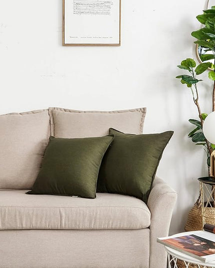 Jeanerlor Pack of 2 24 x 24 Inch Cotton Linen Soft Soild Decorative Square Throw Pillow Covers Green Cushion Case Set for Bedroom/Sofa/Car 60 x 60cm,Olive Green - LeafyLoom