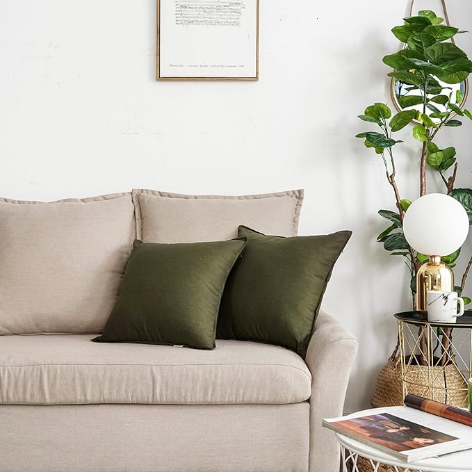 Jeanerlor Pack of 2 24 x 24 Inch Cotton Linen Soft Soild Decorative Square Throw Pillow Covers Green Cushion Case Set for Bedroom/Sofa/Car 60 x 60cm,Olive Green - LeafyLoom
