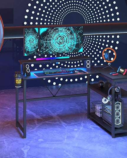 L Shaped Gaming Desk with Power Outlets & LED Strip Lights,Computer desk with Large Monitor Stand,Corner Desk with Storage Shelf,Headphone Hook&Cup Holder for Home Office - LeafyLoom