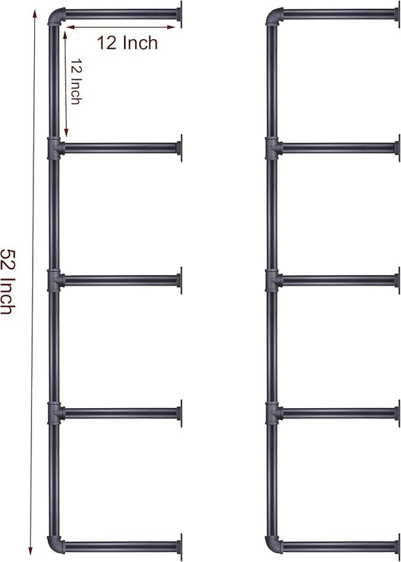 MUZIK 5 Tier Industrial Wall Mount Iron Pipe Shelf, 3/4 Inches Malleable Cast Iron Pipe Wall Mount Bookshelf Shelving Unit, DIY Open Bookshelf, Shelf Shelves, 2 Pack 52 Inch Tall - LeafyLoom
