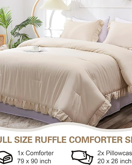 Beige Double Ruffle Comforter Set Full Size (79x90 Inch), 3 Pcs Farmhouse Vintage Cream Comforter Set (1 Ruffled Comforter and 2 Pillowcase), Rustic All Season Down Alternative Bedding Set - LeafyLoom