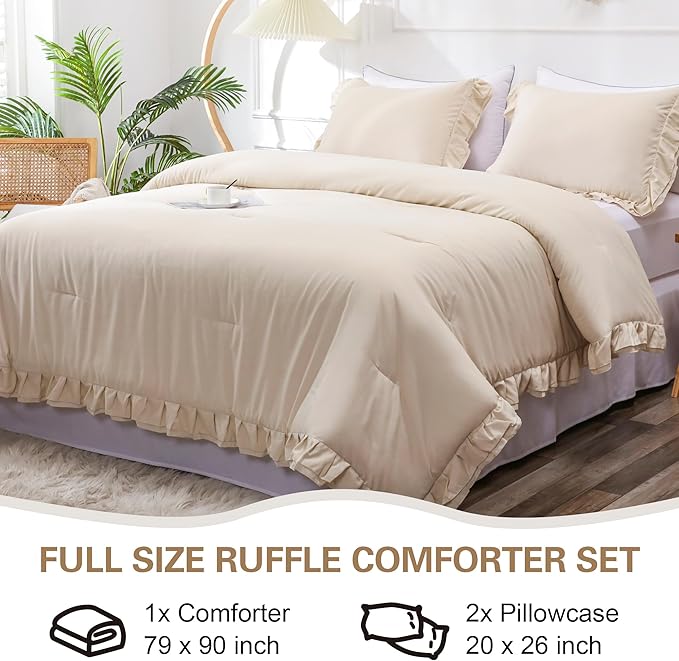 Beige Double Ruffle Comforter Set Full Size (79x90 Inch), 3 Pcs Farmhouse Vintage Cream Comforter Set (1 Ruffled Comforter and 2 Pillowcase), Rustic All Season Down Alternative Bedding Set - LeafyLoom