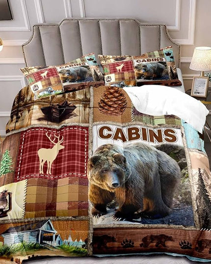 LUVIVIHOME 3PCS Rustic Cabin Comforter Set Queen Size, Bear Bedding Sets, Elk Deer Forest Woodland Animals Wildlife Hunting Country Farmhouse Red Buffalo Plaid Lodge Patchwork Quilt, 2 Pillow Shams - LeafyLoom